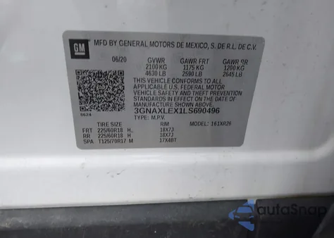 2020 Chevrolet Equinox Fwd Lt 2.0L Turbo z USA, uszkodzony, nr VIN 3GNAXLEX1LS690496